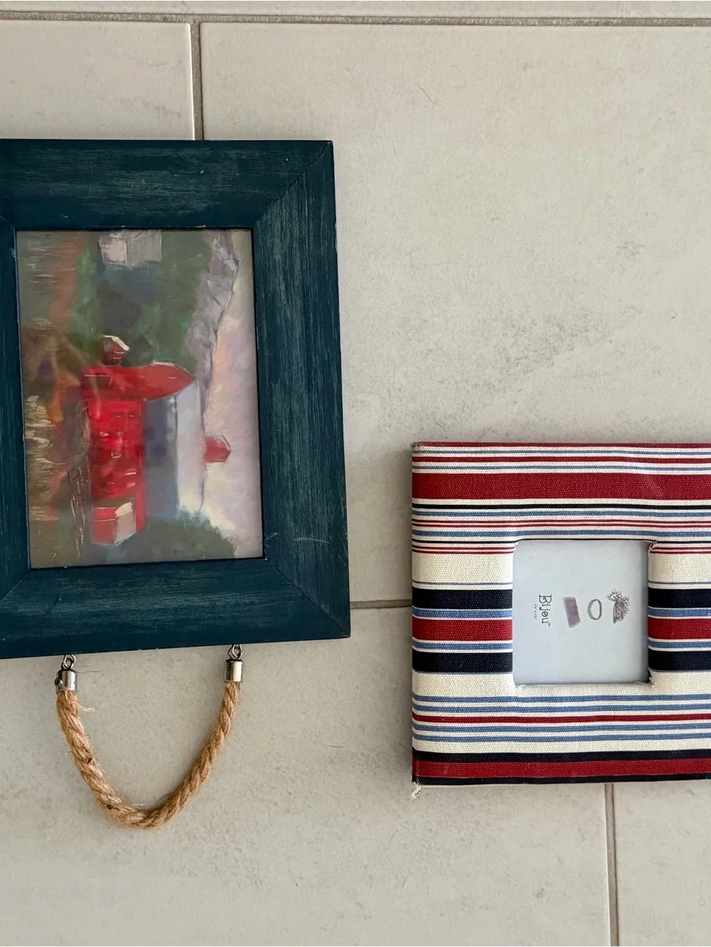 Vintage Framed Wall Art & Striped Fabric Photo Frame Set Coastal Cottage Decor
